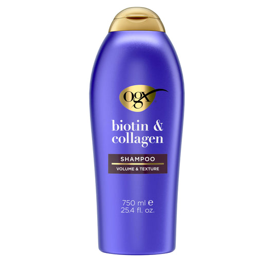 OGX front packaging showing shampoo bottle and benefits