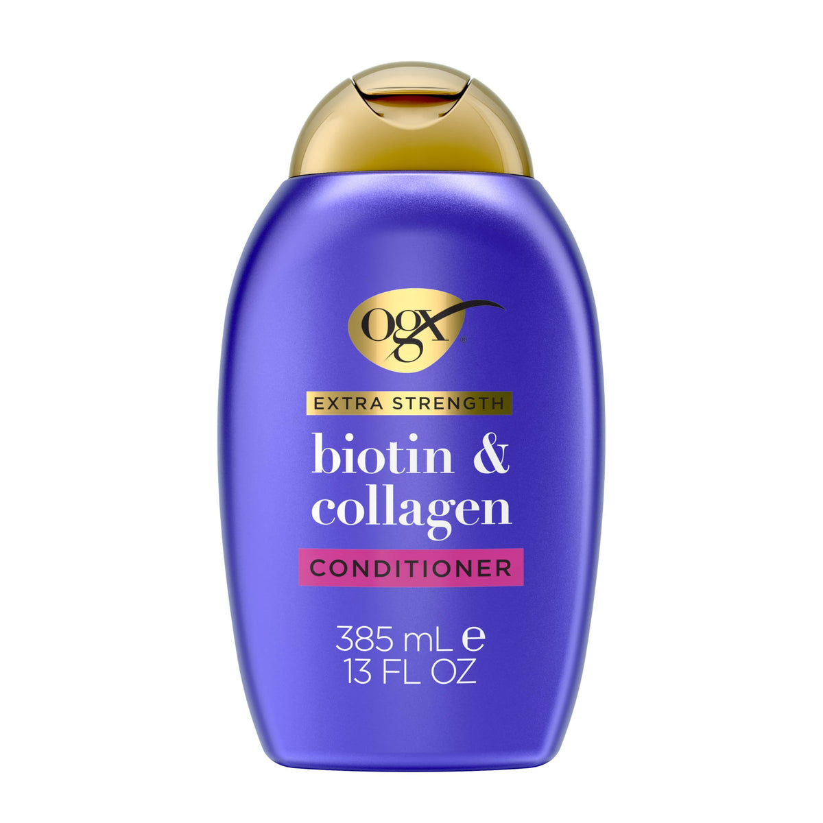 OGX bottle front packaging showing biotin and collagen for fuller hair