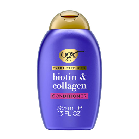 OGX bottle front packaging showing biotin and collagen for fuller hair