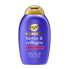 OGX bottle front packaging showing biotin and collagen for fuller hair