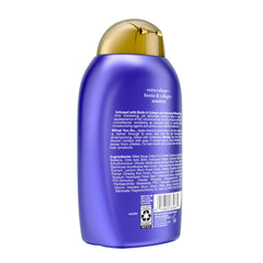 OGX label close-up highlighting biotin collagen ingredients and benefits
