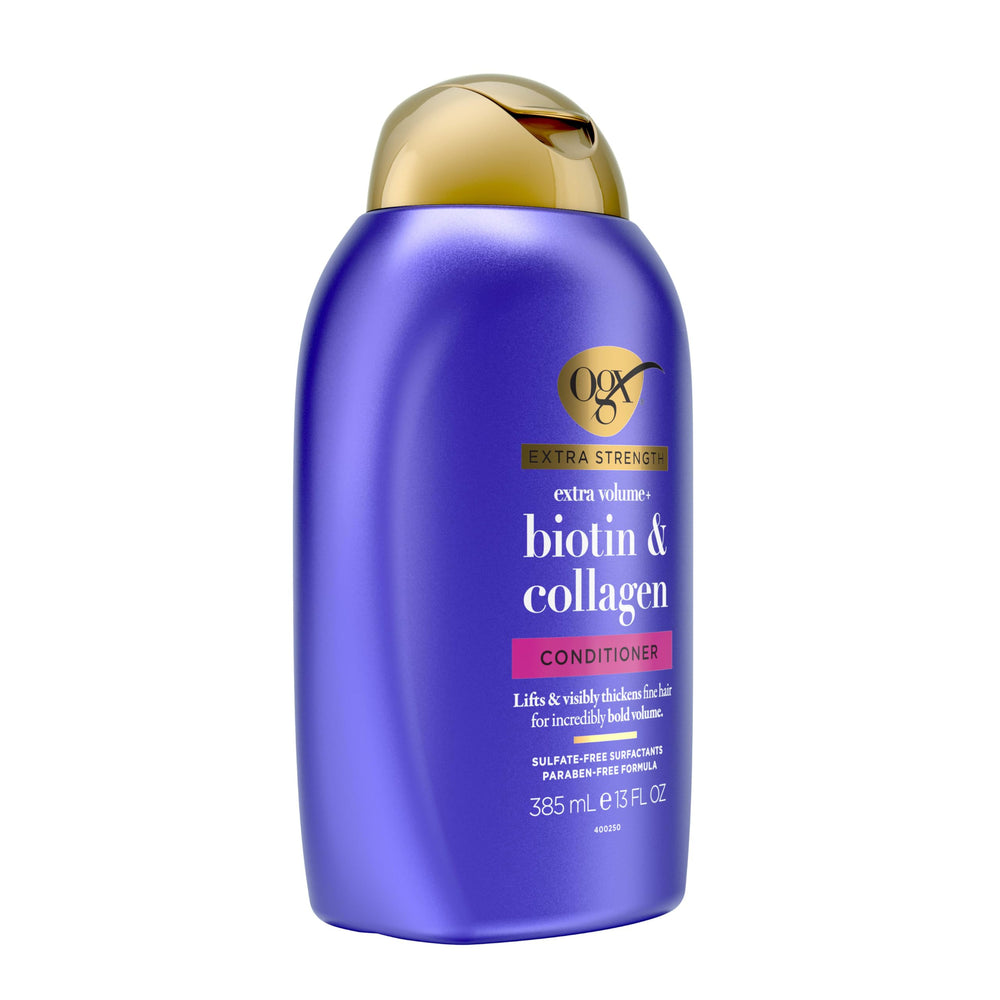 OGX ingredient label highlighting biotin, collagen, bamboo fiber and proteins