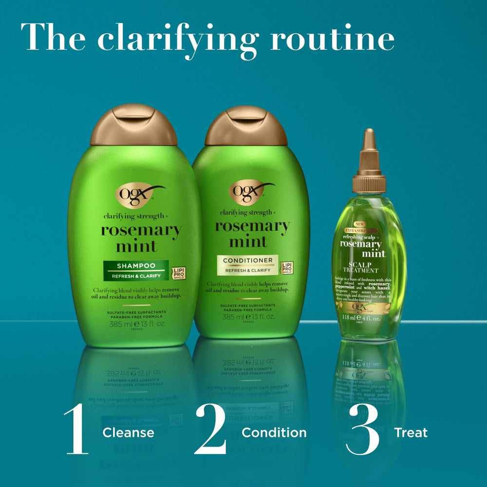 OGX rosemary and mint ingredients staged to show refreshing scalp benefit