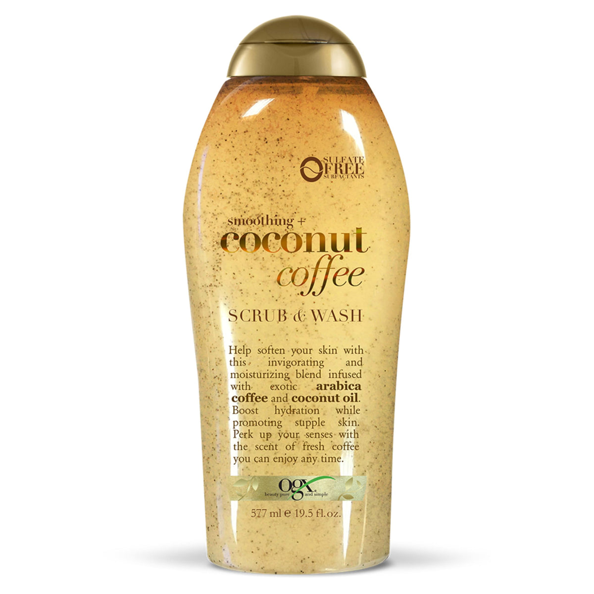 OGX bottle front packaging showing coconut coffee blend and size benefits