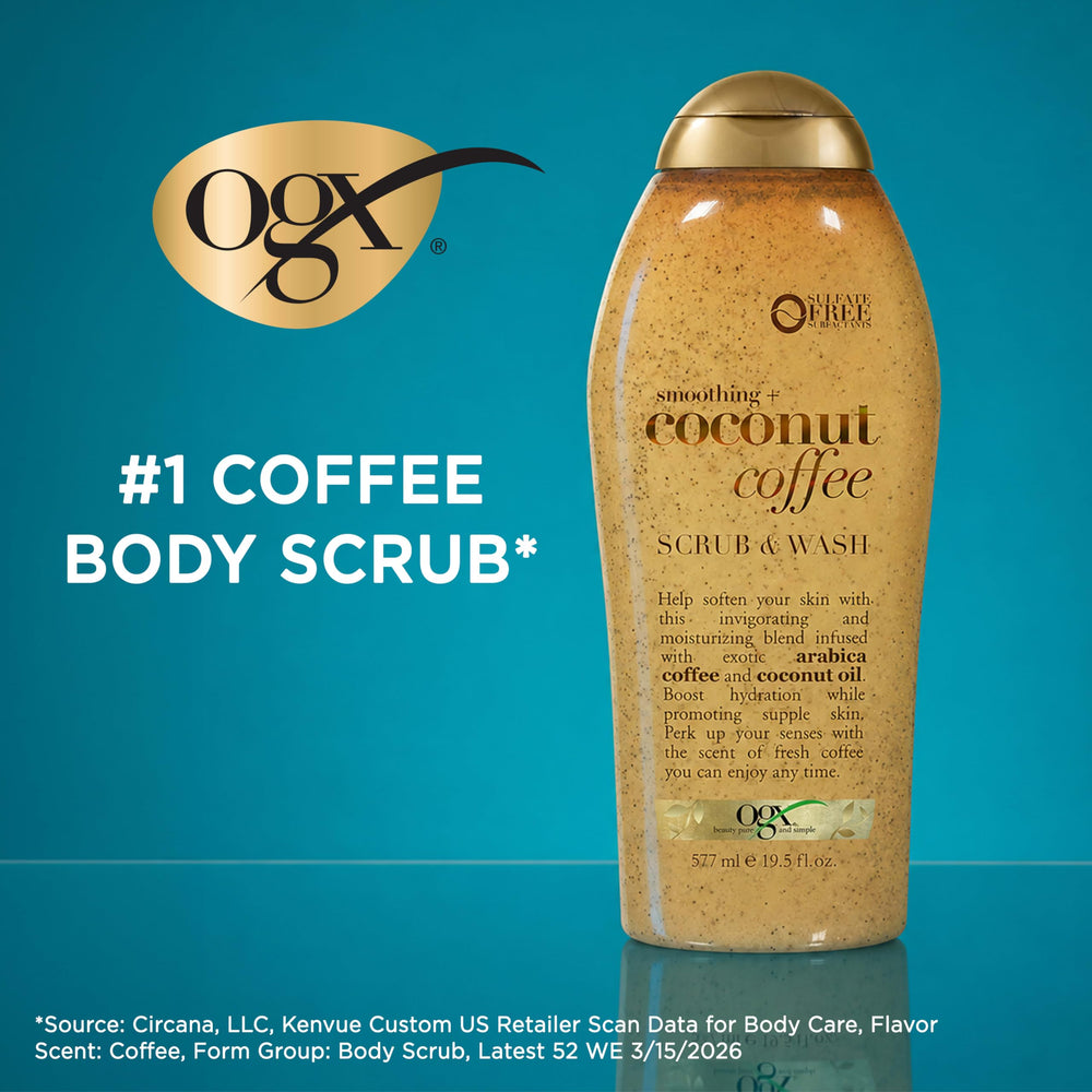 OGX exfoliating scrub in hand demonstrating application and smoothing effect