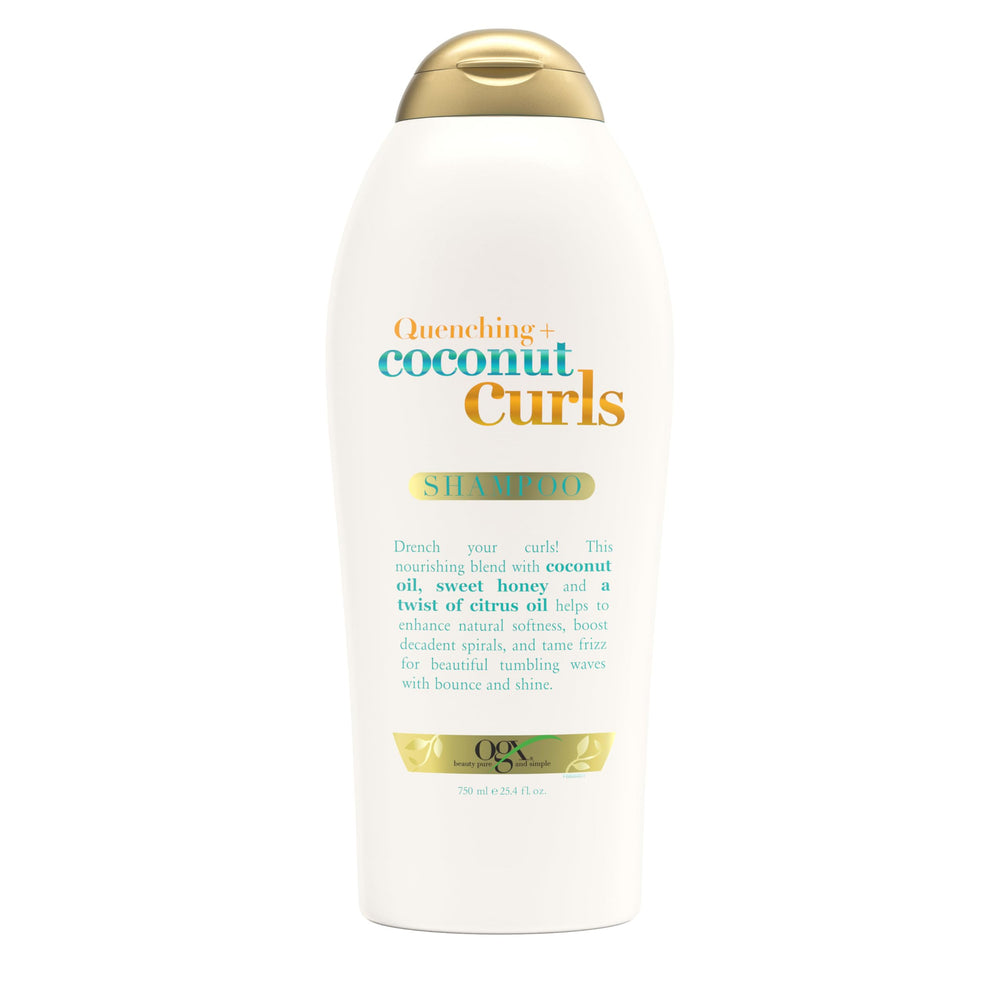 OGX bottle front label showing coconut curls and benefit of defined curls