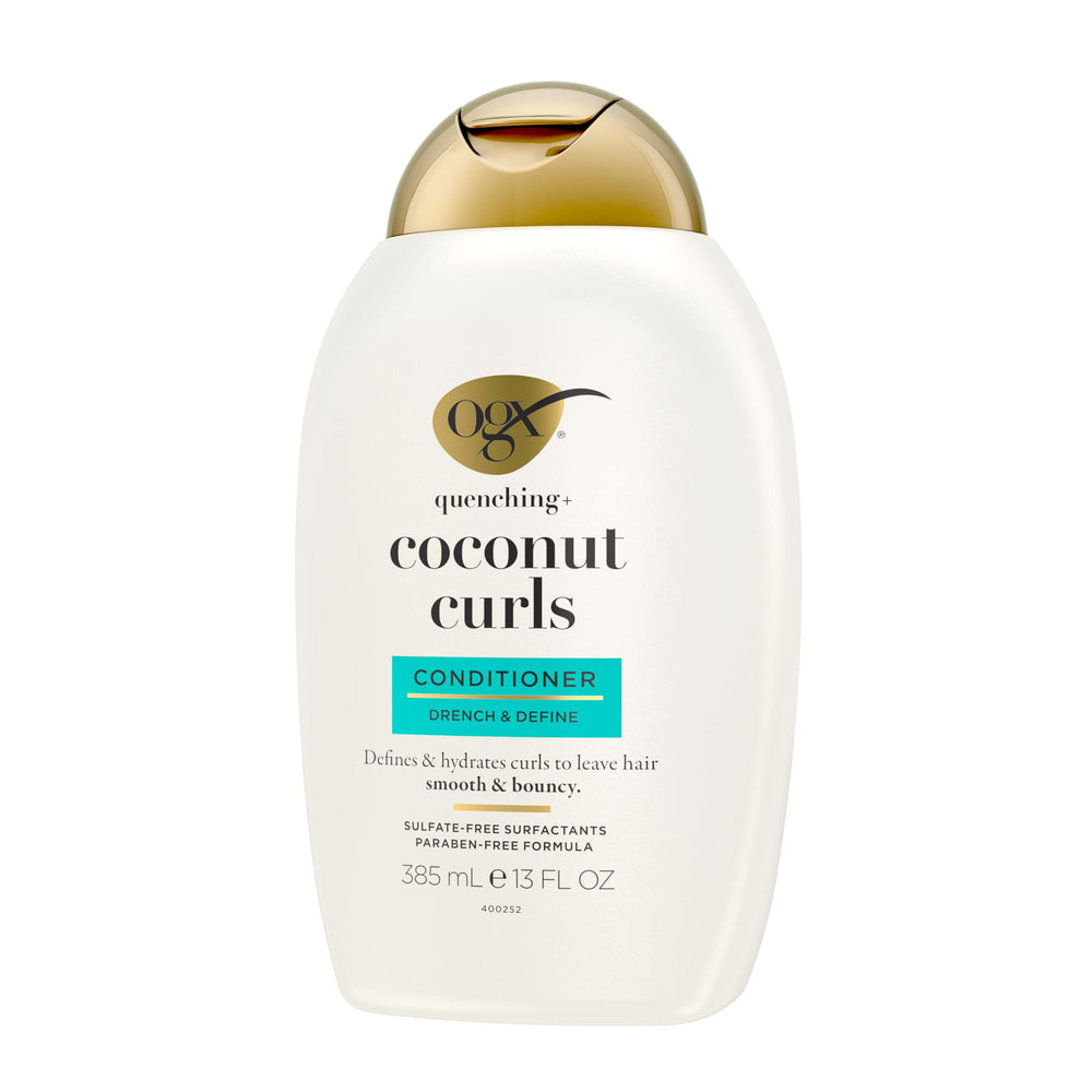 OGX conditioner on bathroom shelf creating a relaxing curl-care scene