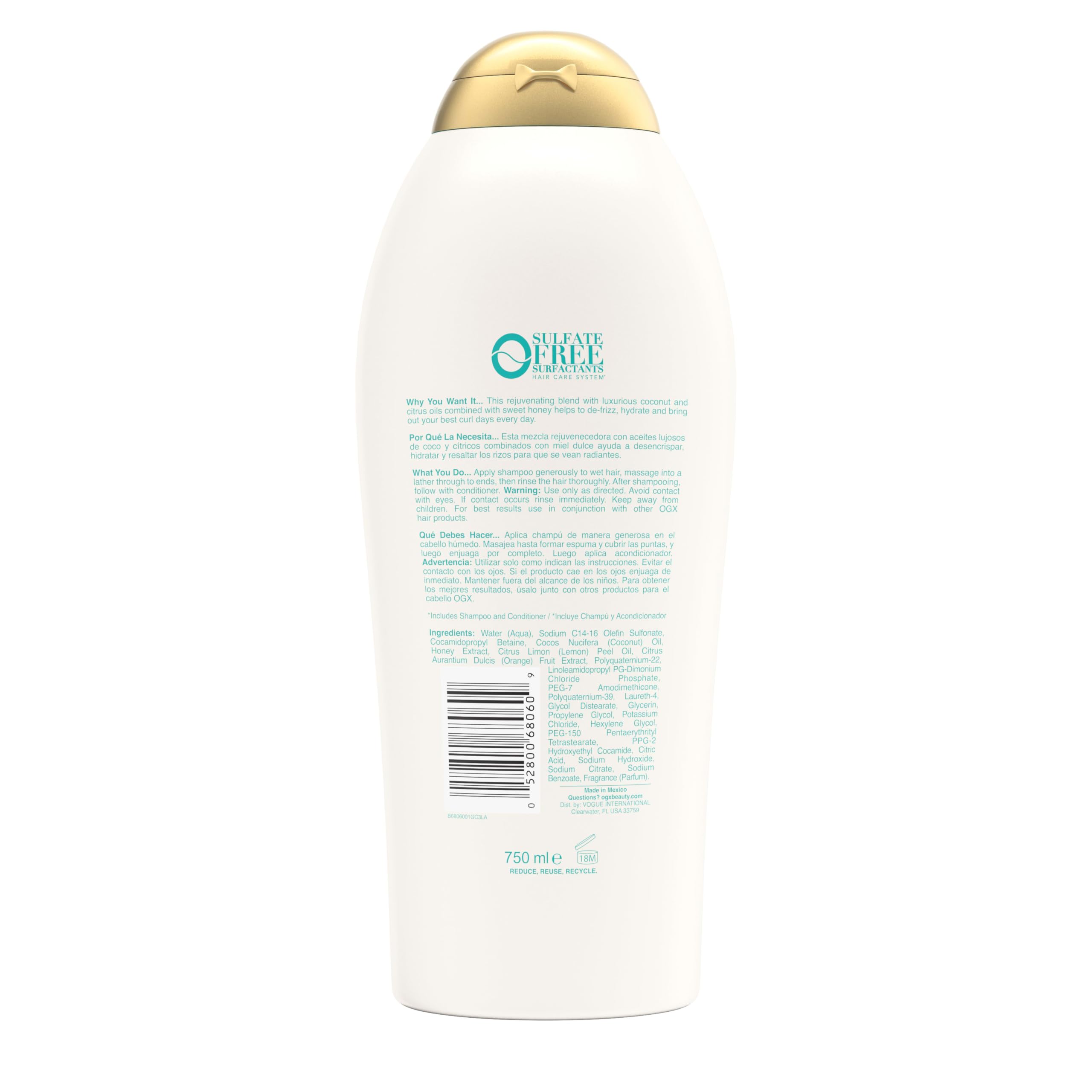 Back label and directions on OGX bottle showing ingredient and usage info
