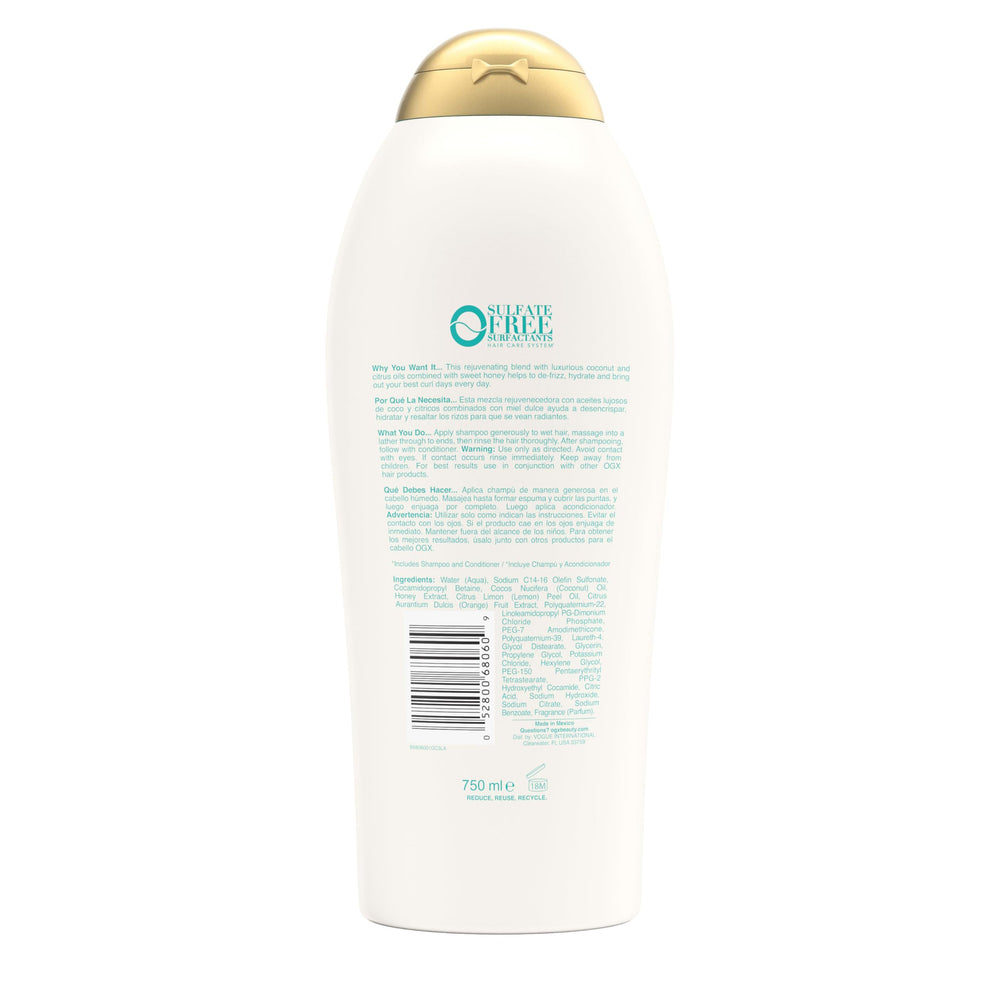 Back label and directions on OGX bottle showing ingredient and usage info