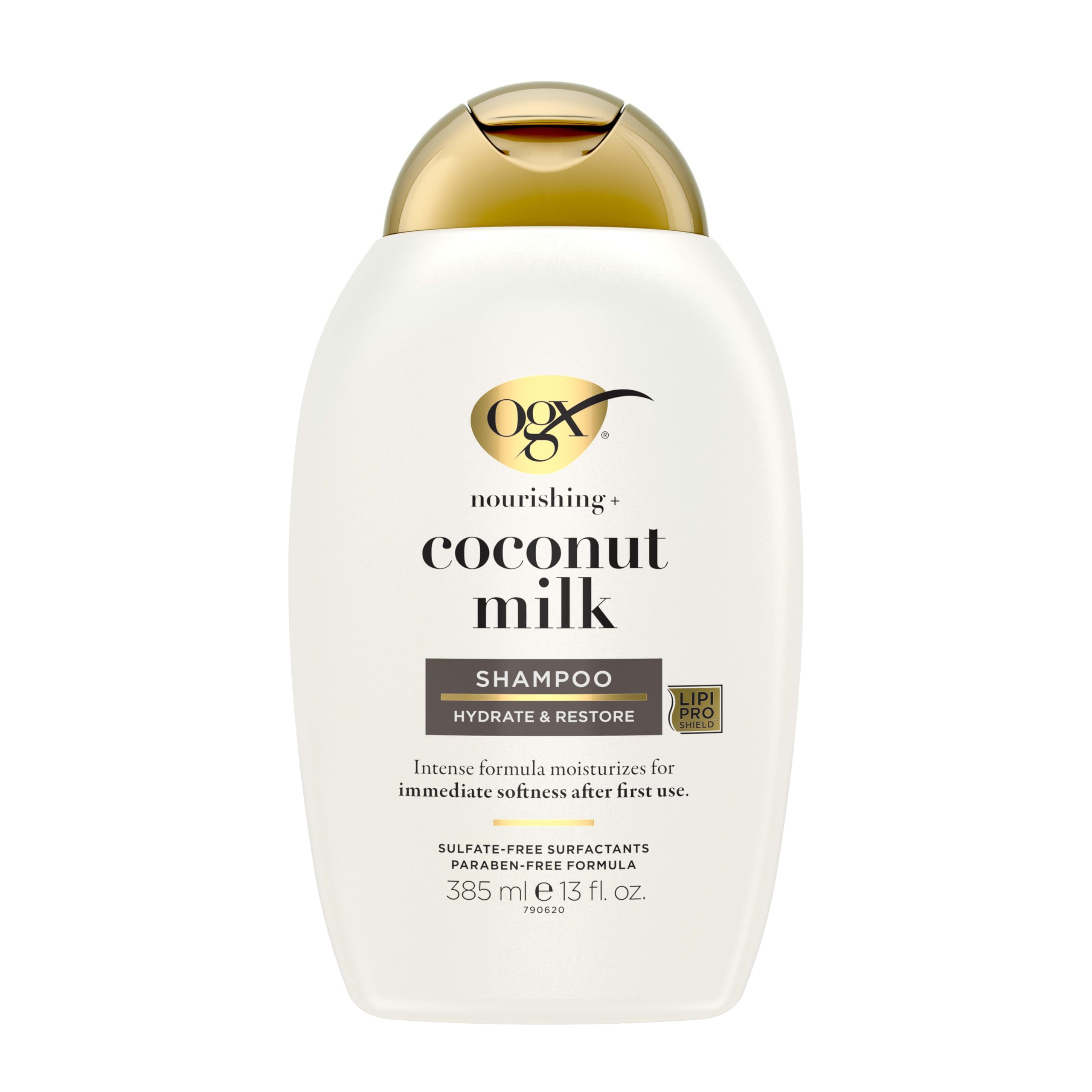 OGX front bottle view showing coconut milk shampoo and easy-grip design