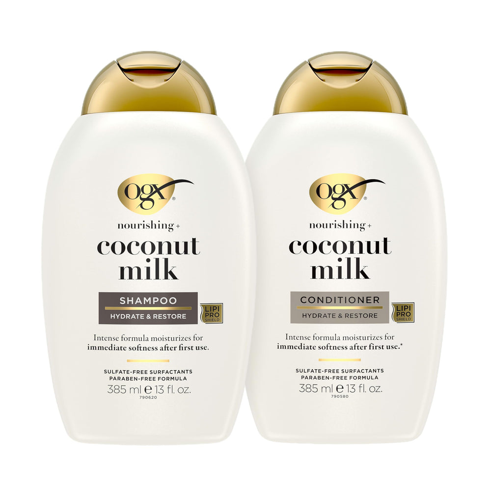 OGX front packaging showing hydrating coconut milk duo and benefits