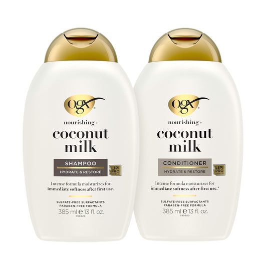 OGX front packaging showing hydrating coconut milk duo and benefits