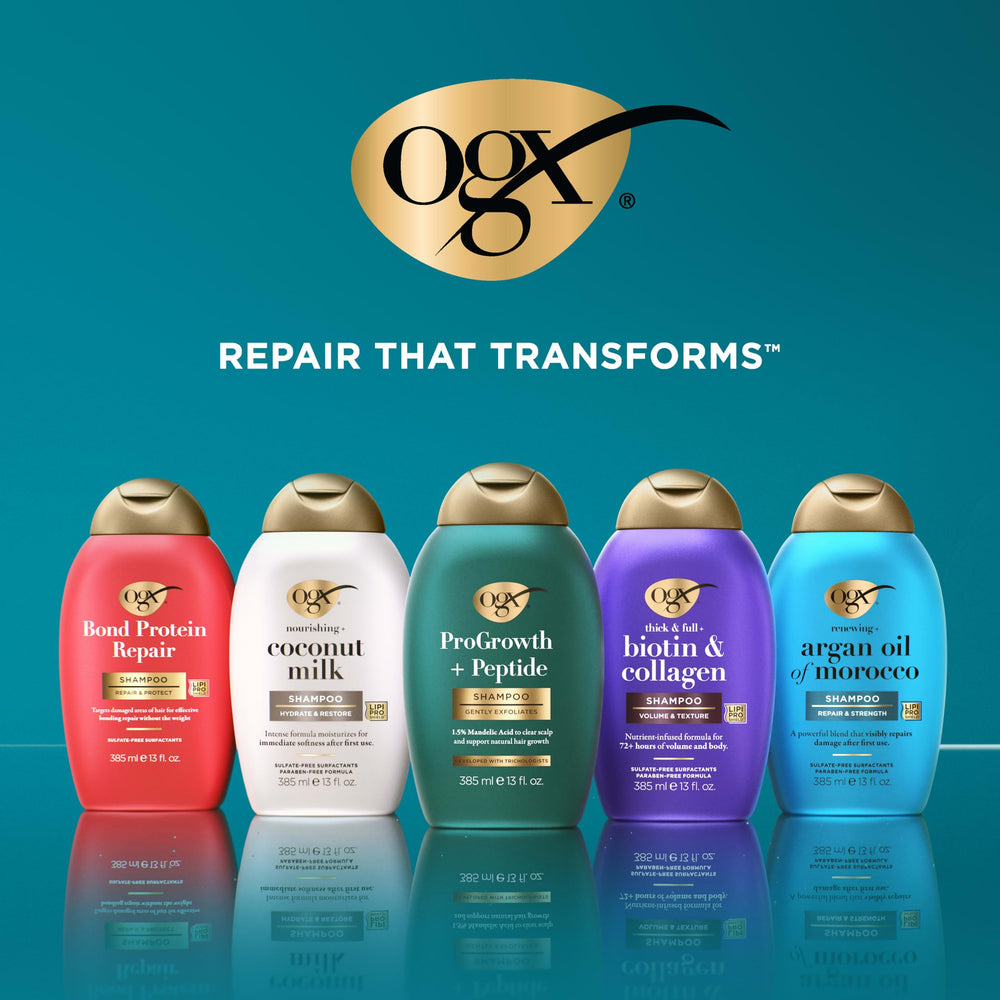 OGX bottles in shower being applied to wet hair for hydration
