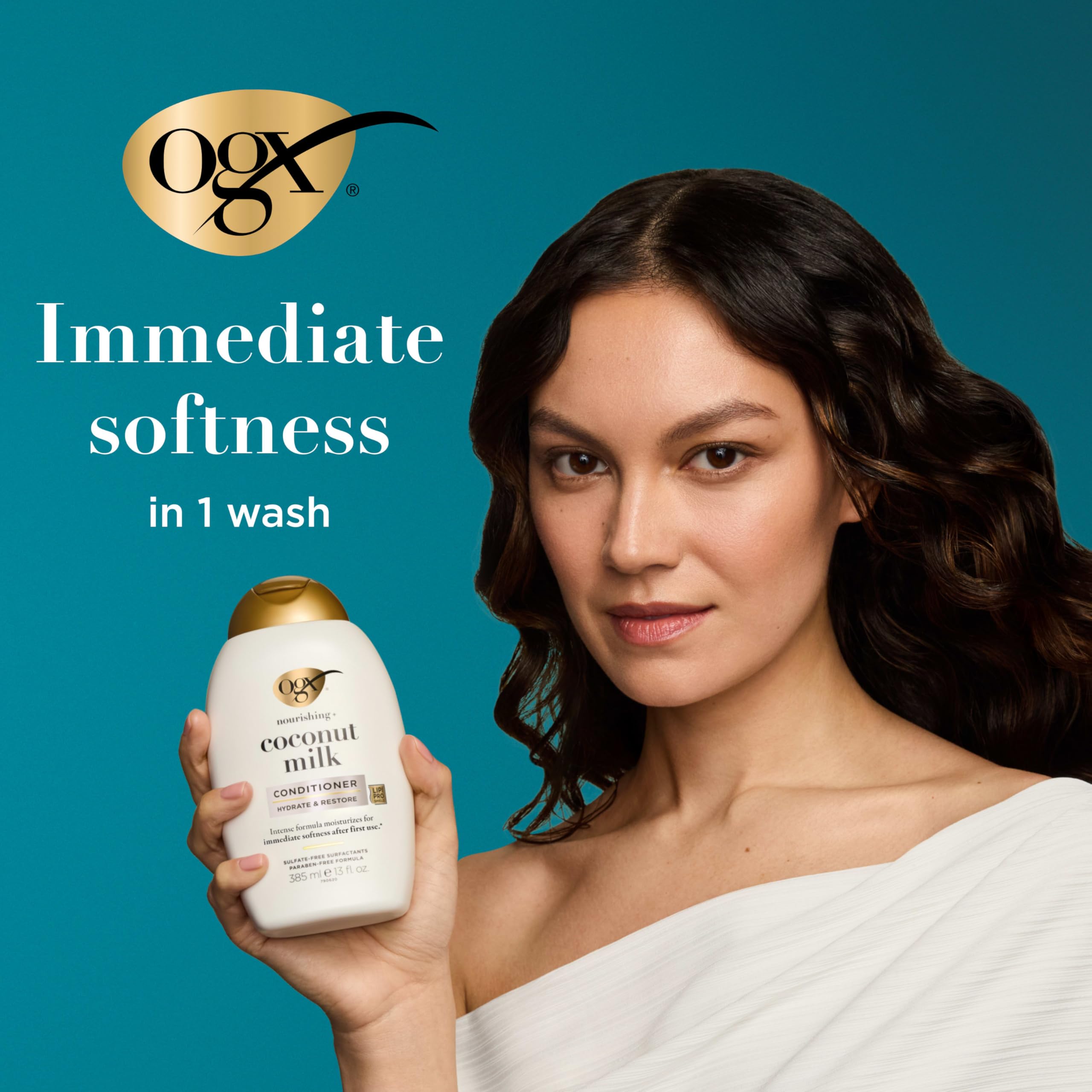 OGX creamy conditioner texture poured to show hydration and slip