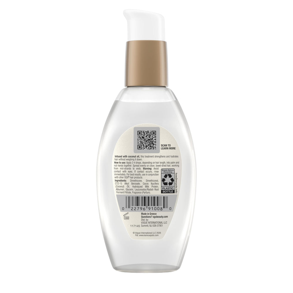 OGX serum on a bathroom shelf in lifestyle setting emphasizing daily use and pleasant scent