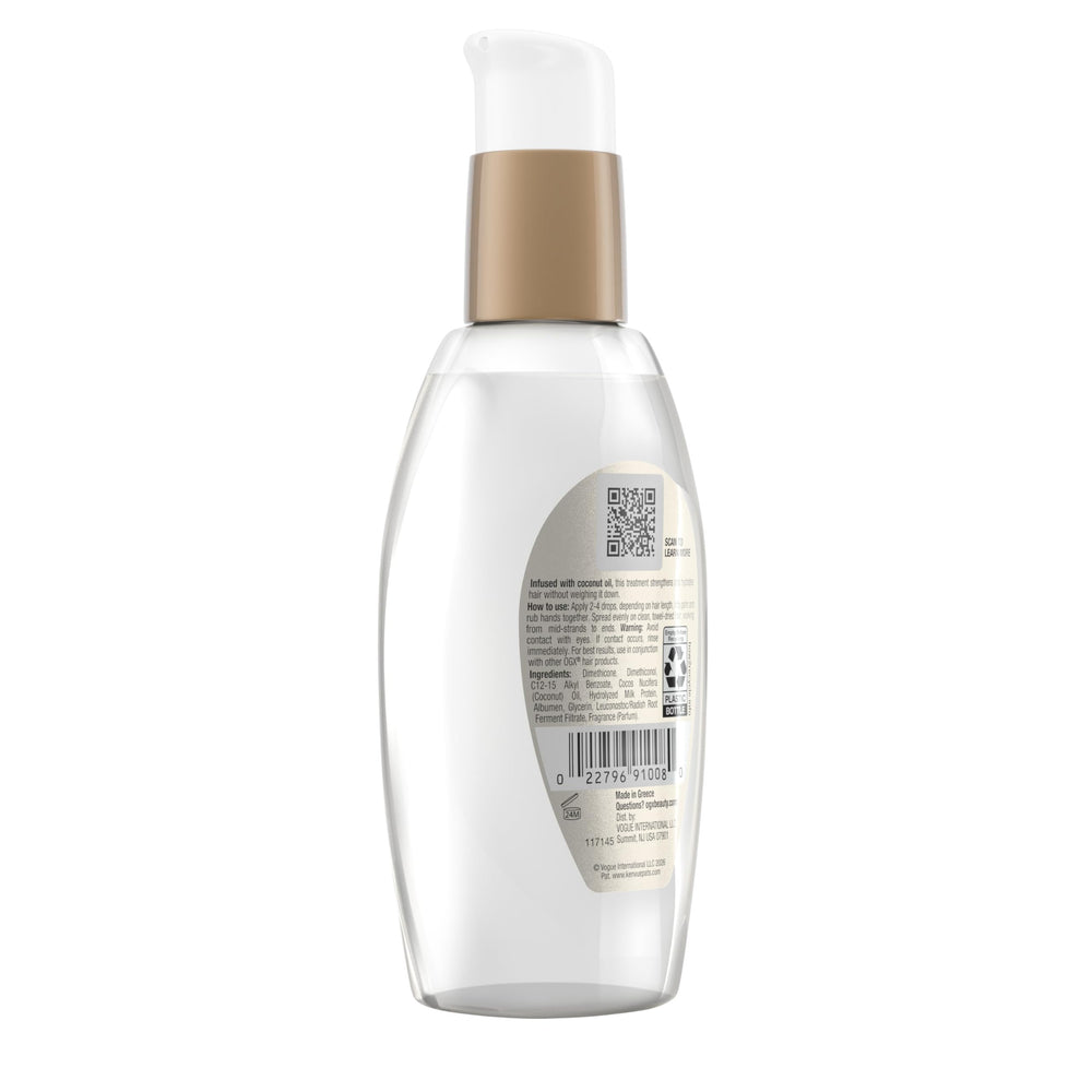 OGX serum paired with matching shampoo and conditioner to show a complete routine