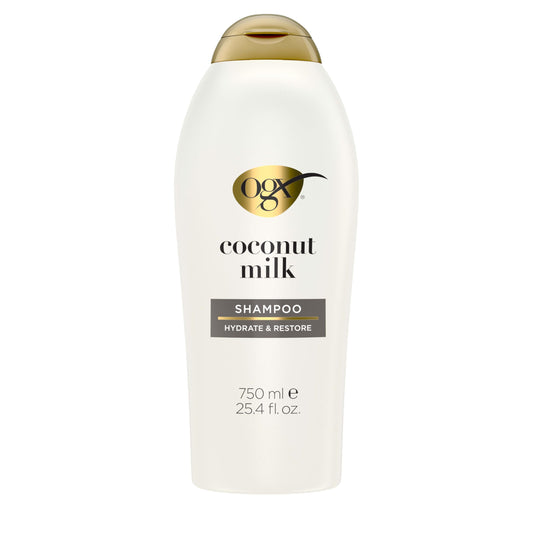 OGX front bottle shot showing coconut milk shampoo nourishing benefits