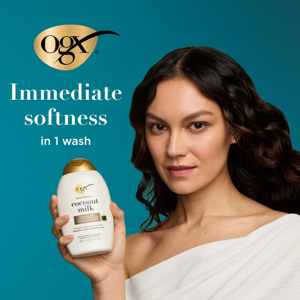 OGX styled pair on bathroom shelf highlighting shelf-ready packaging