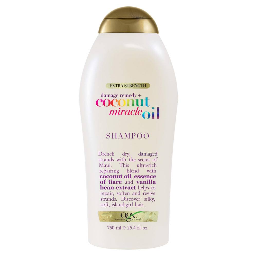 OGX bottle front view showing coconut miracle oil shampoo and benefits