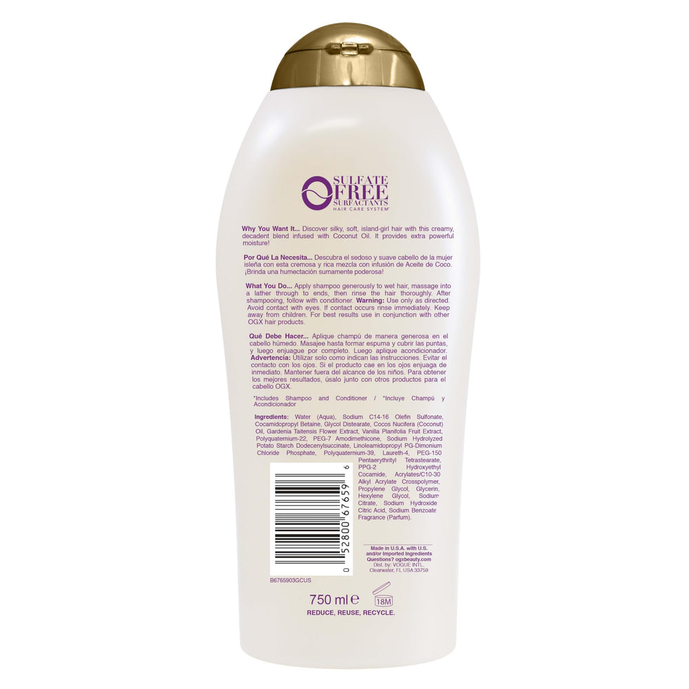 OGX shampoo on bathroom shelf with towel, signaling daily indulgence