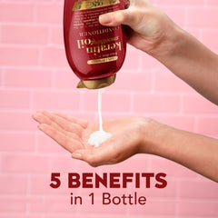 OGX bottle with keratin and argan visuals emphasizing nourishing ingredients