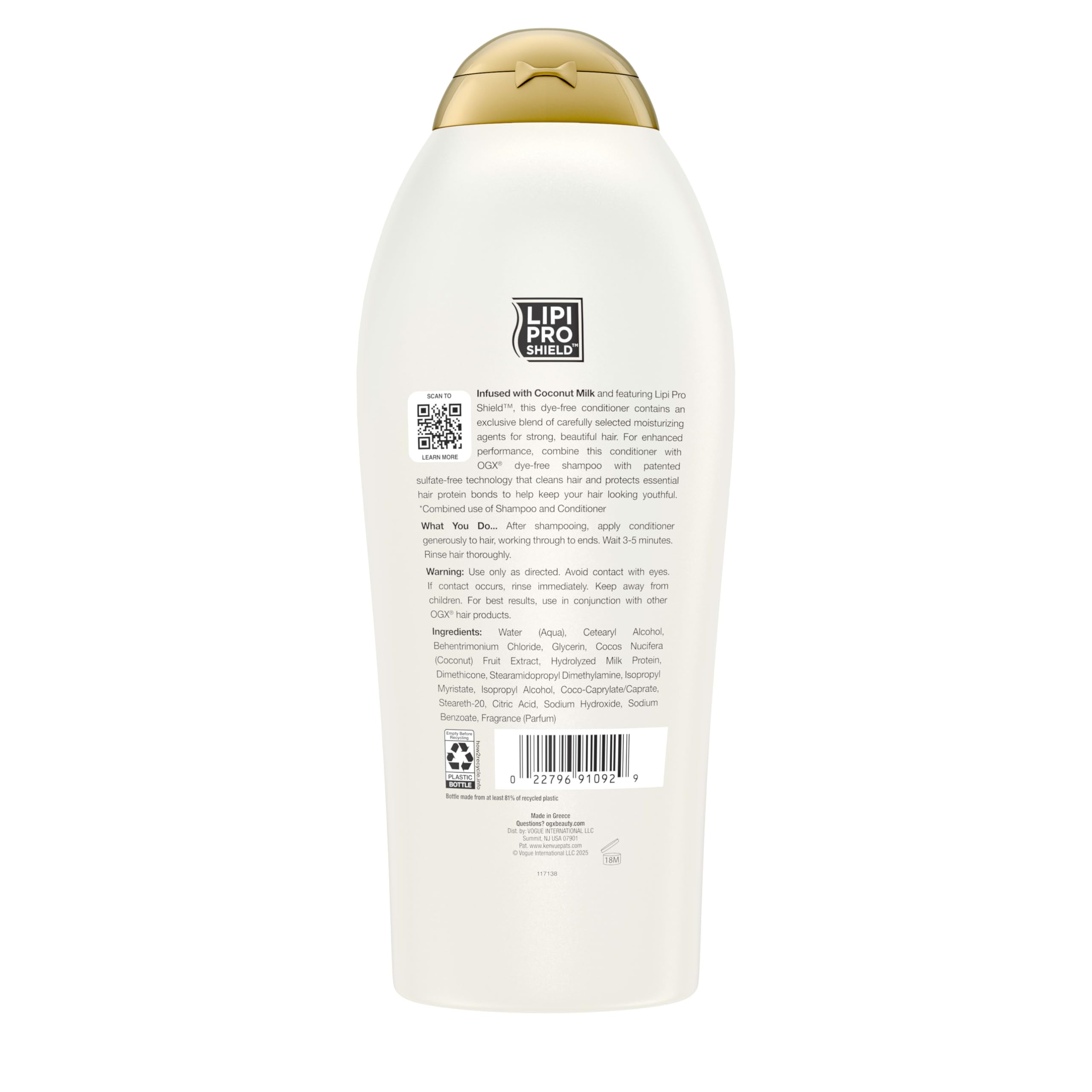 OGX product label close-up highlighting LipiPro Shield and clean formula