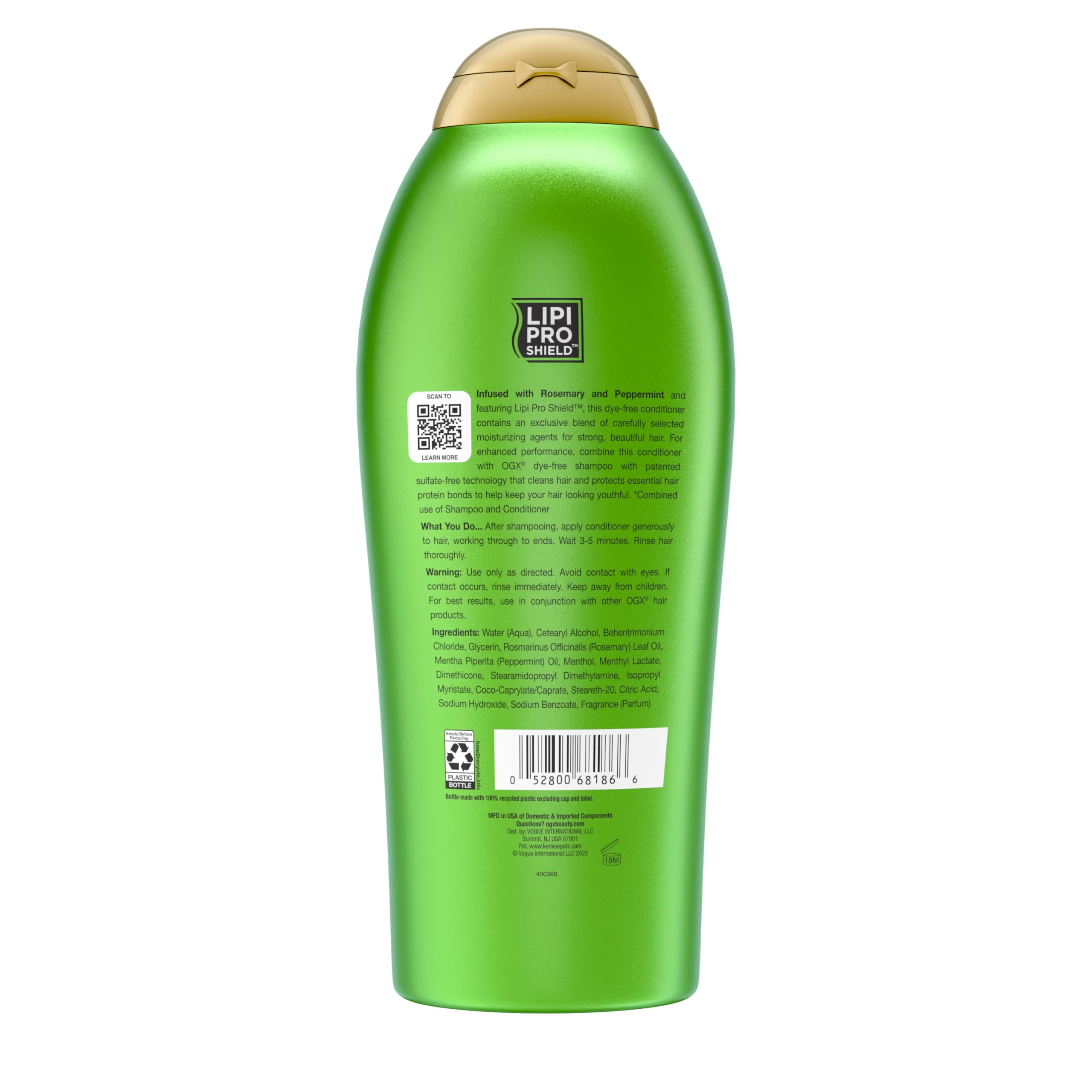 OGX bottle on bathroom shelf in lifestyle scene showing fresh scent and daily-use benefit