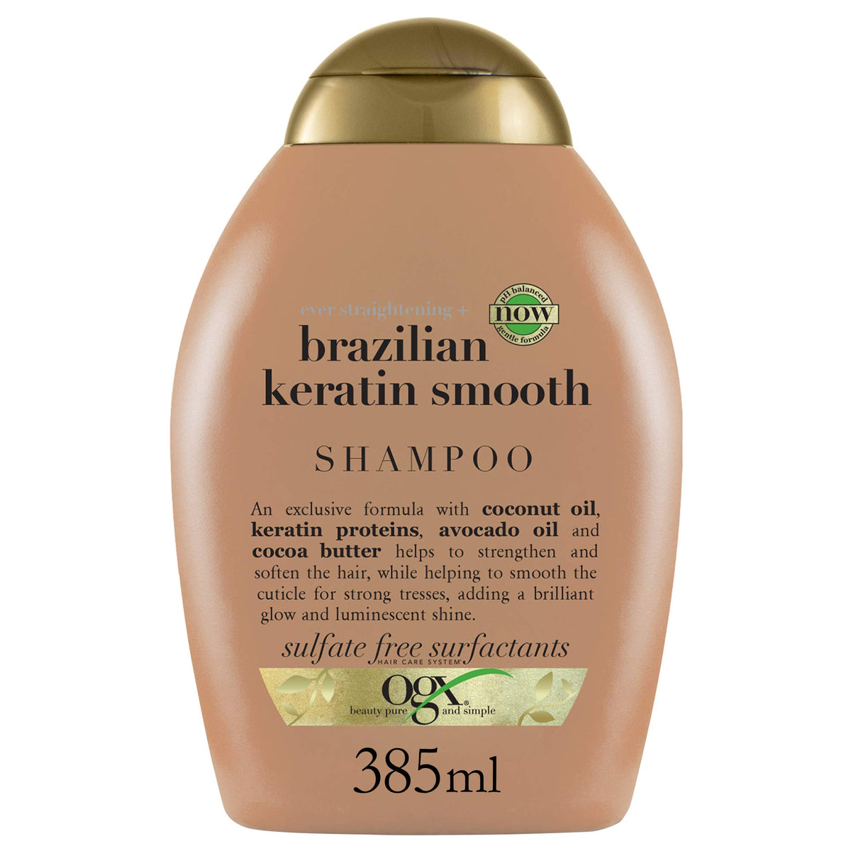 OGX bottle front packaging showing product name and smoothing benefit