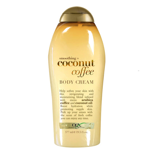 OGX front bottle showing coconut coffee scent and generous 19.5 oz size for lasting hydration