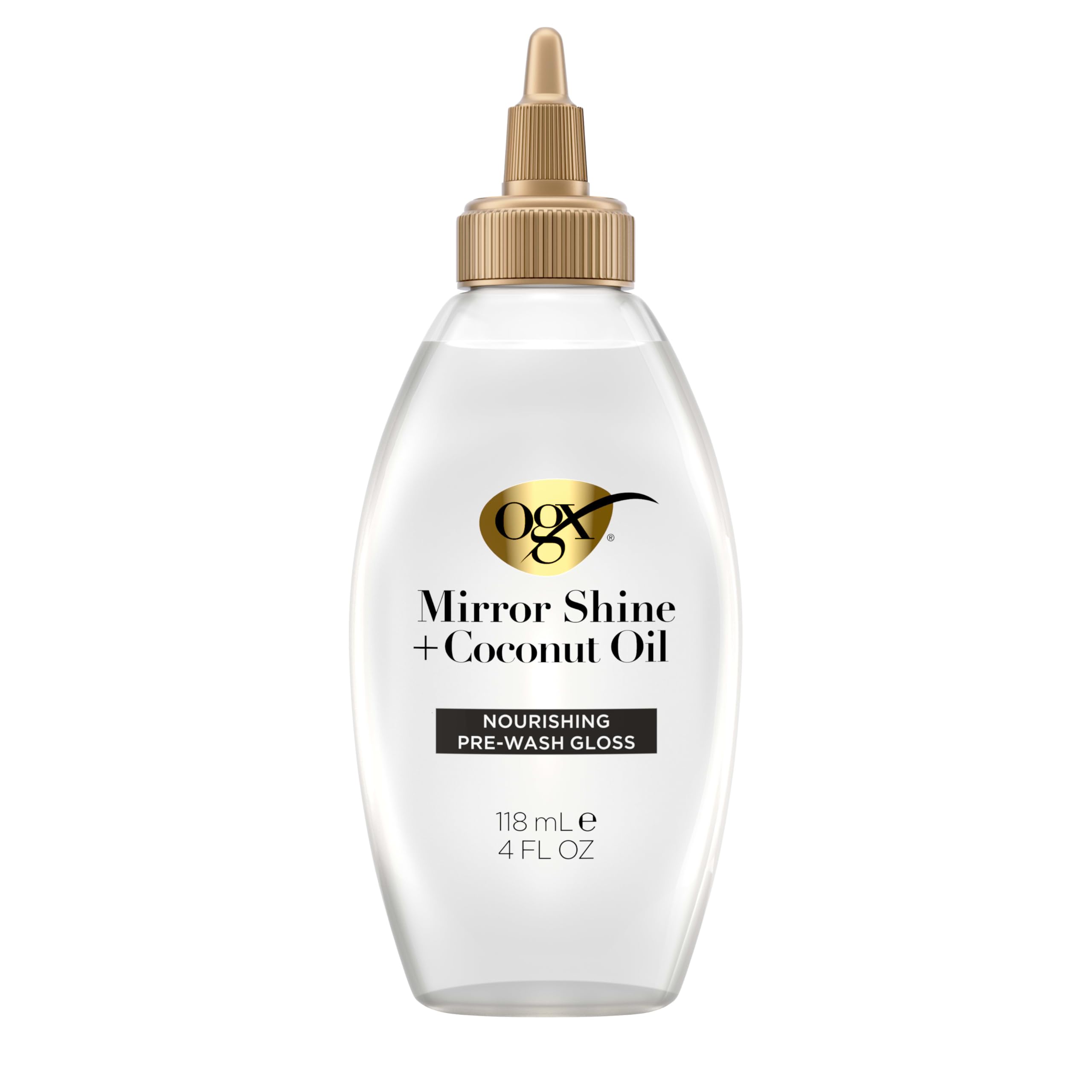 OGX bottle front view showing Mirror Shine gloss and benefit of visible shine