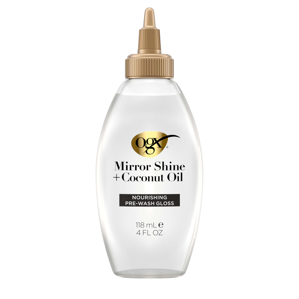 OGX bottle front view showing Mirror Shine gloss and benefit of visible shine