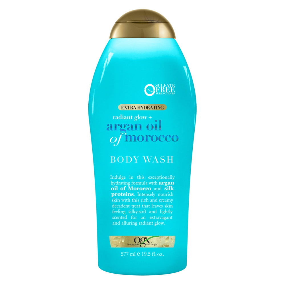 OGX front packaging showing 19.5 fl oz bottle and radiant glow benefit