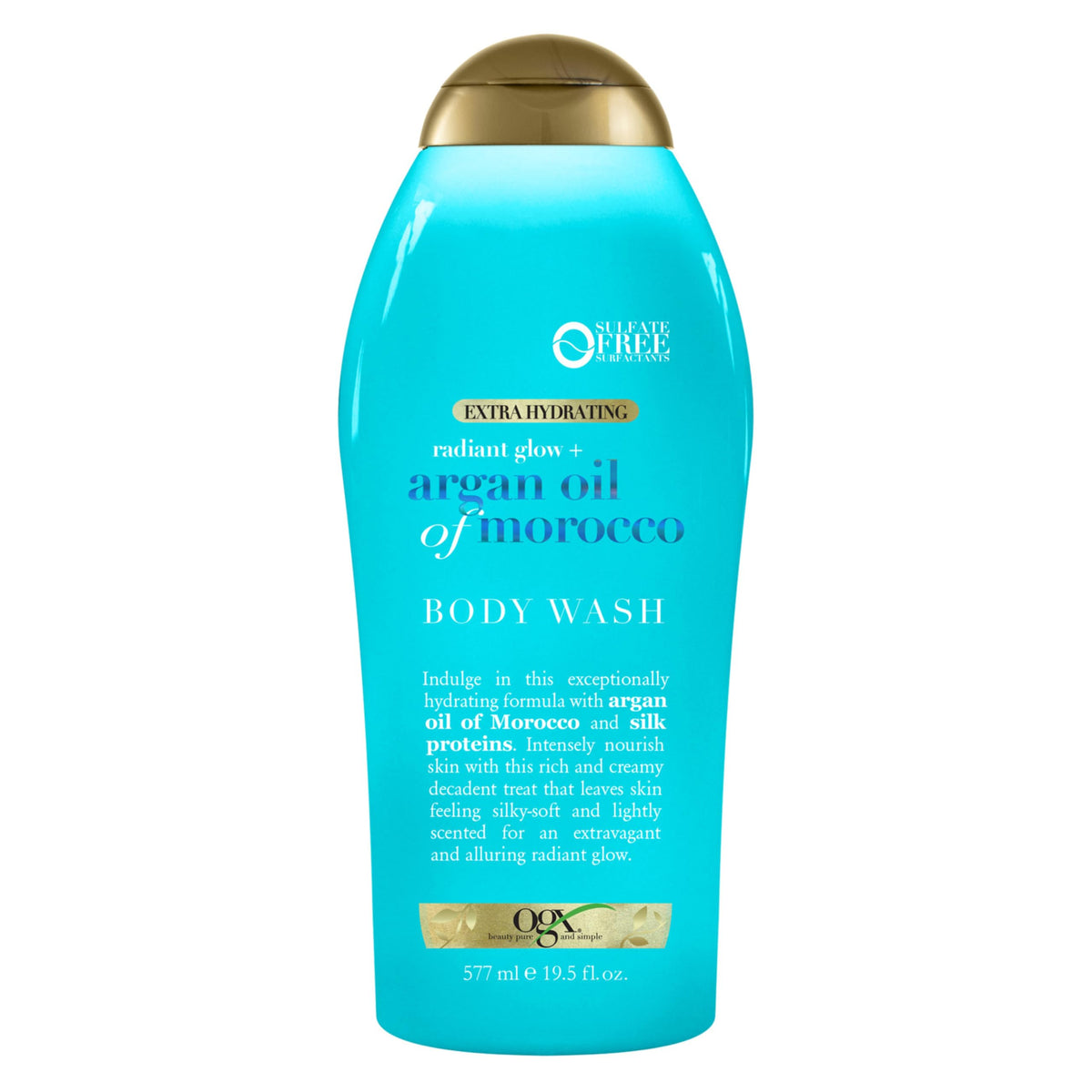 OGX front packaging showing 19.5 fl oz bottle and radiant glow benefit