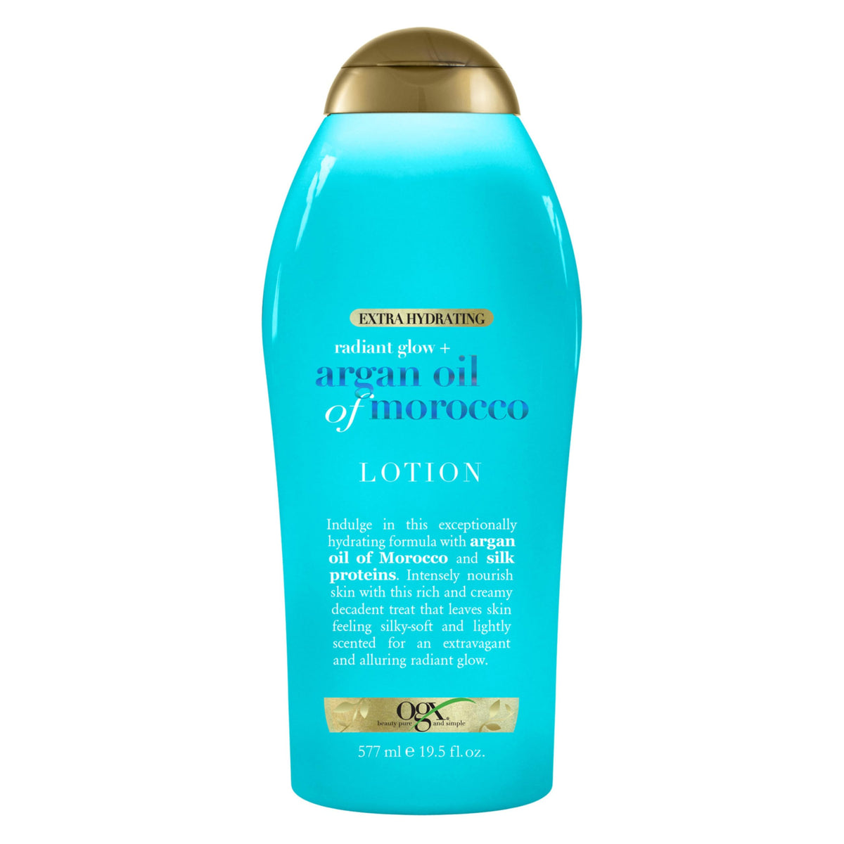 OGX front packaging shows radiant glow argan lotion, nourishing hydration benefit