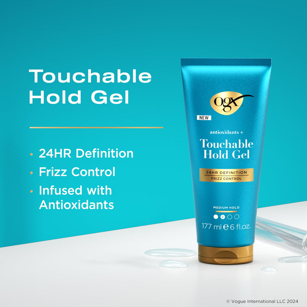 OGX gel tube held in hand indicating portable styling convenience