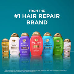 OGX ingredients visual with biotin and collagen icons emphasizing strengthening benefit