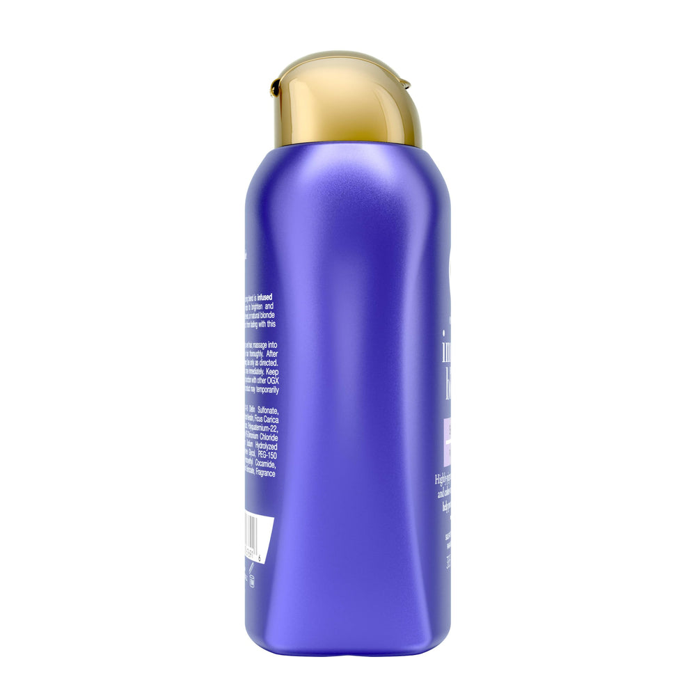 OGX product label close-up listing keratin, purple fig, iris benefits