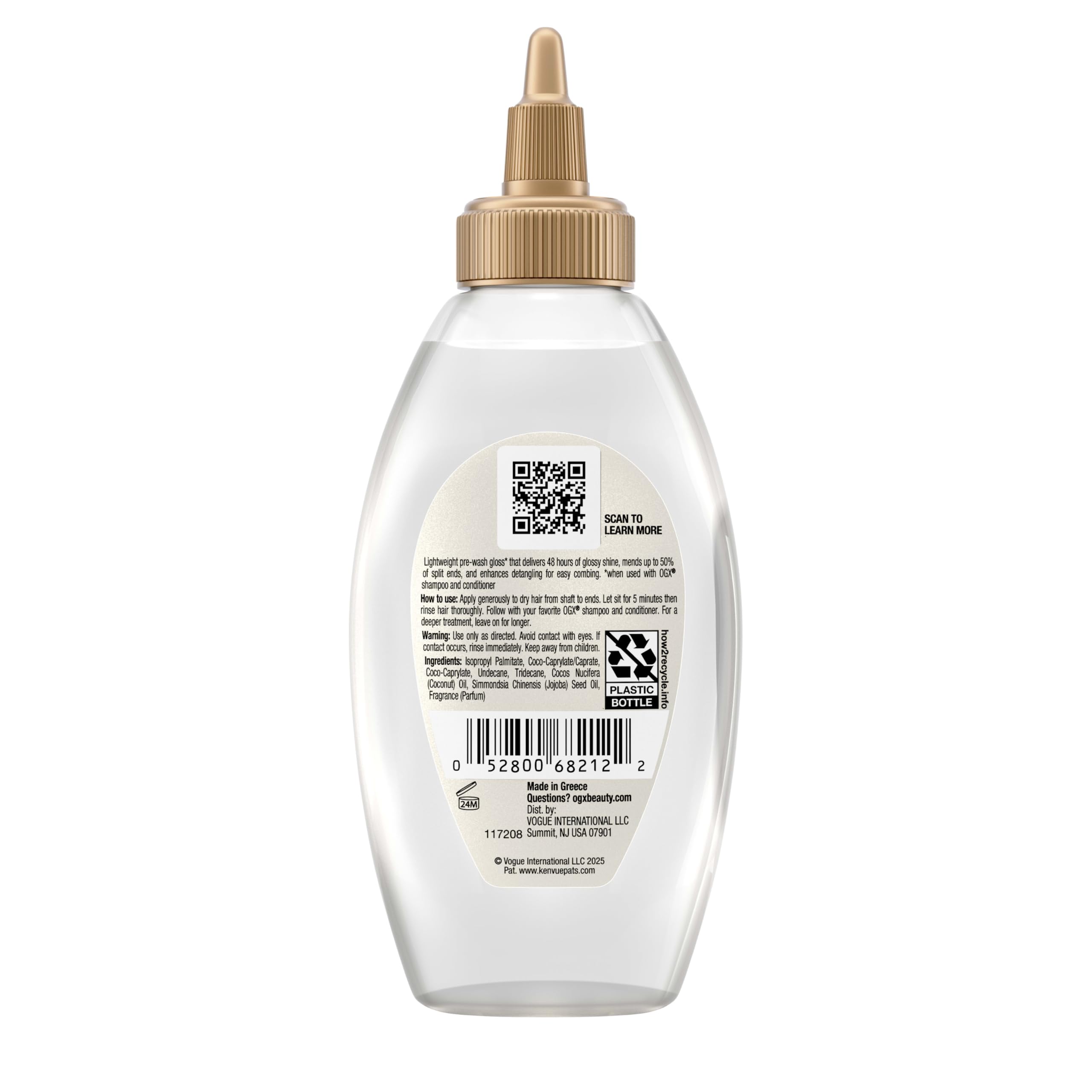 OGX bottle staged on bathroom shelf, suggesting routine-ready treatment