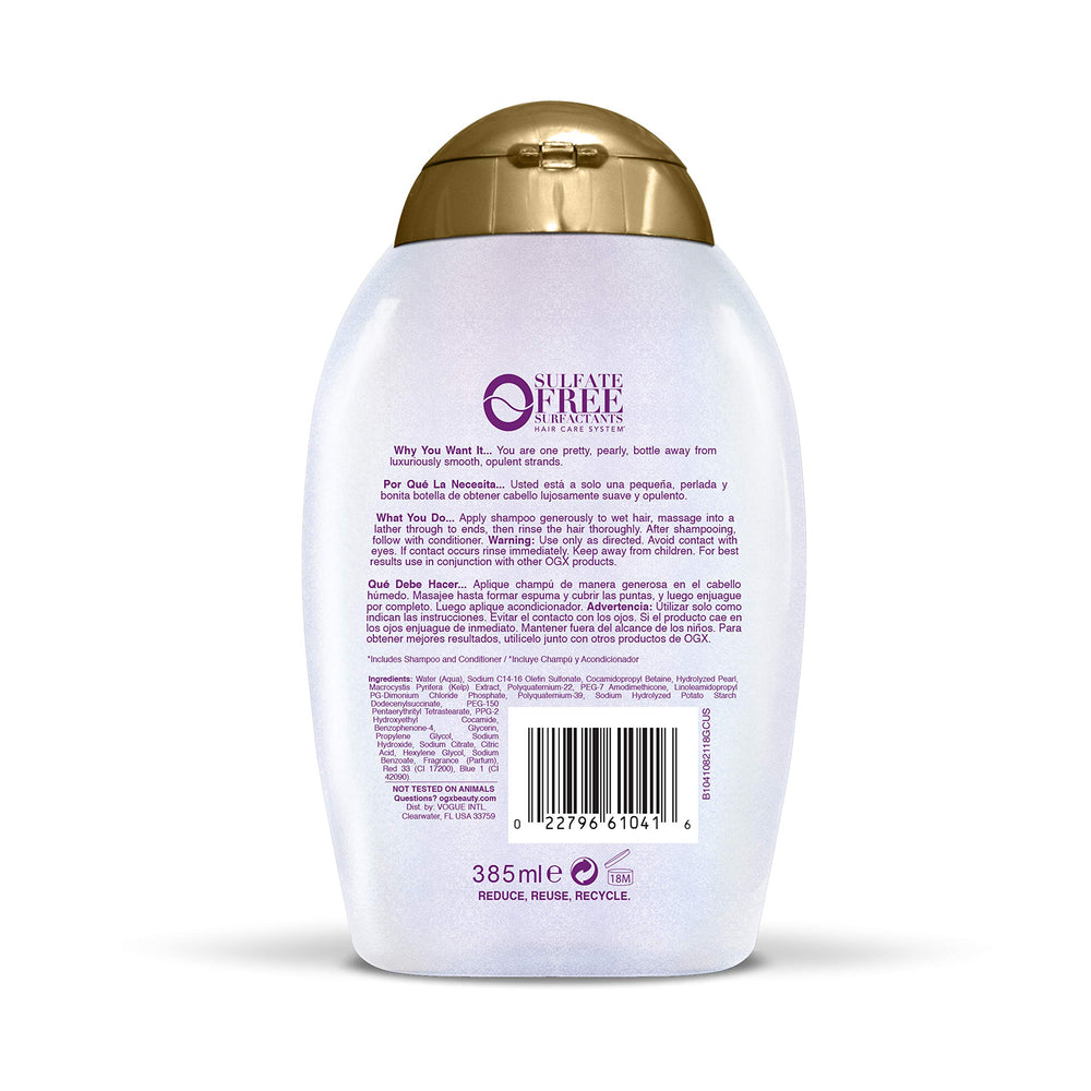 OGX angled bottle highlighting label and smoothing formula benefit