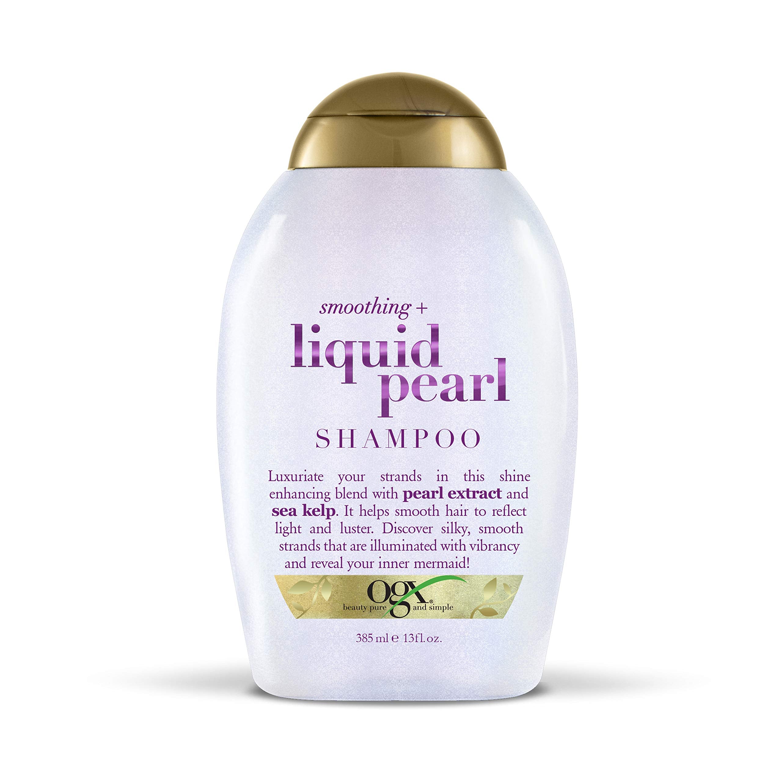 OGX front bottle showing Liquid Pearl shampoo and shiny finish benefit