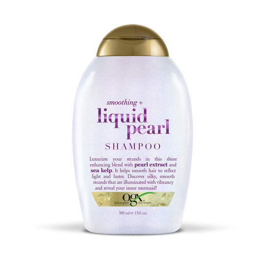 OGX front bottle showing Liquid Pearl shampoo and shiny finish benefit
