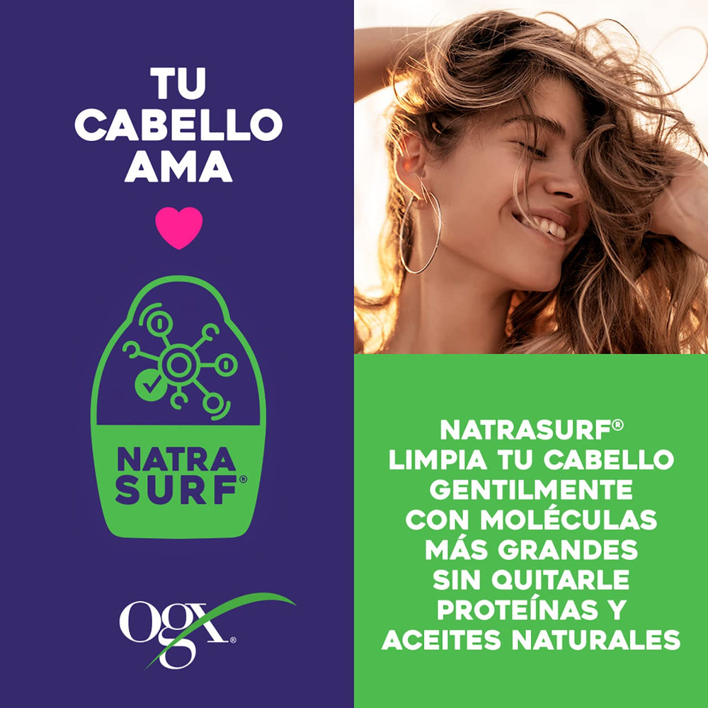 OGX bottle in hand showing 13 fl oz size and travel-friendly benefit