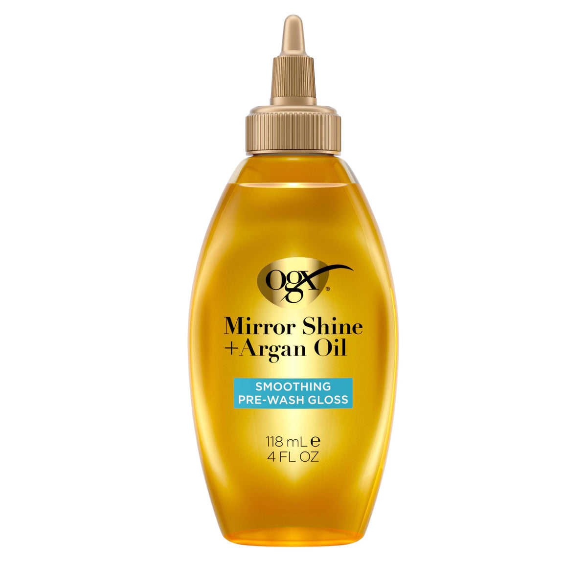 OGX front packaging shows treatment bottle and glossy benefit