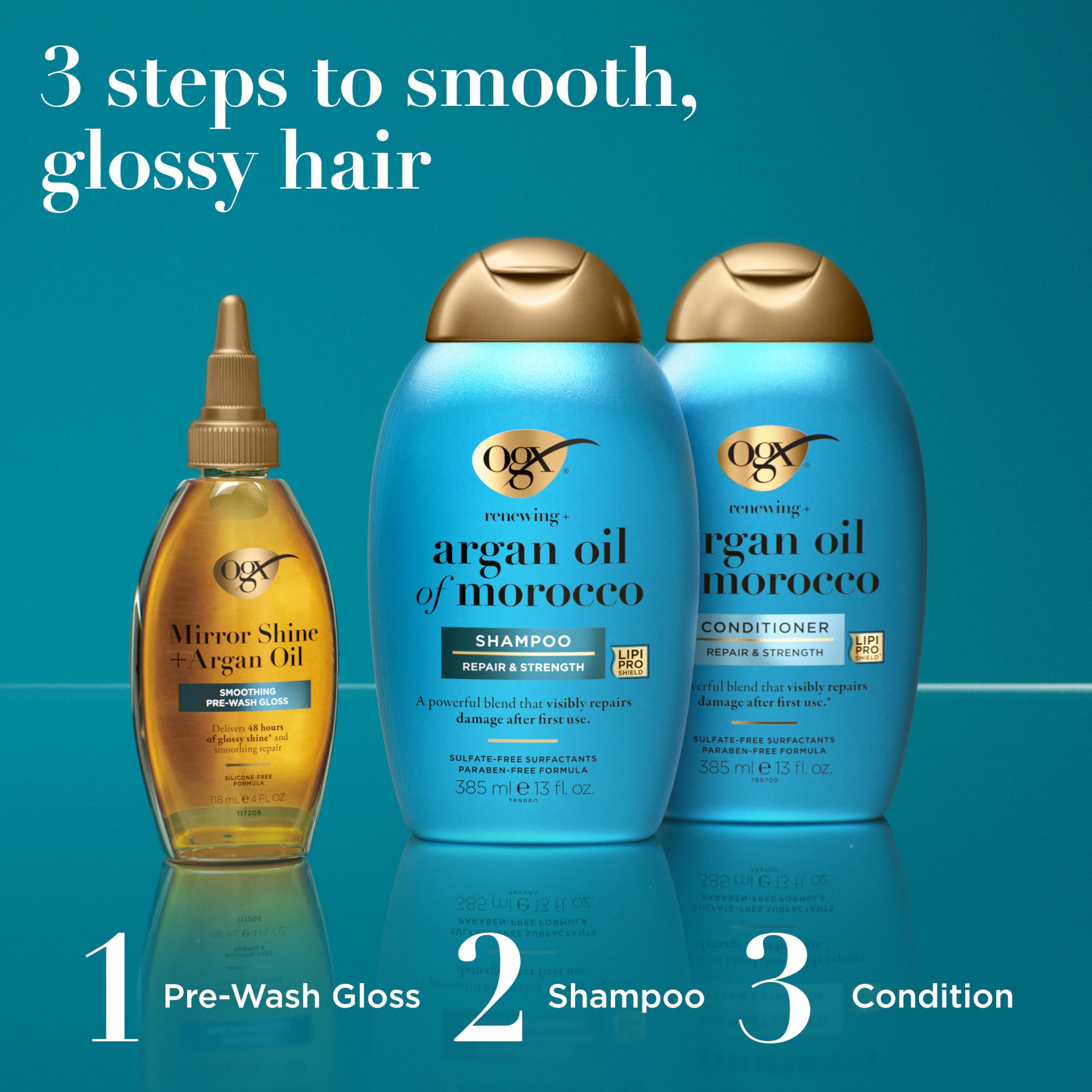 OGX product label close-up showing argan oil ingredient benefit