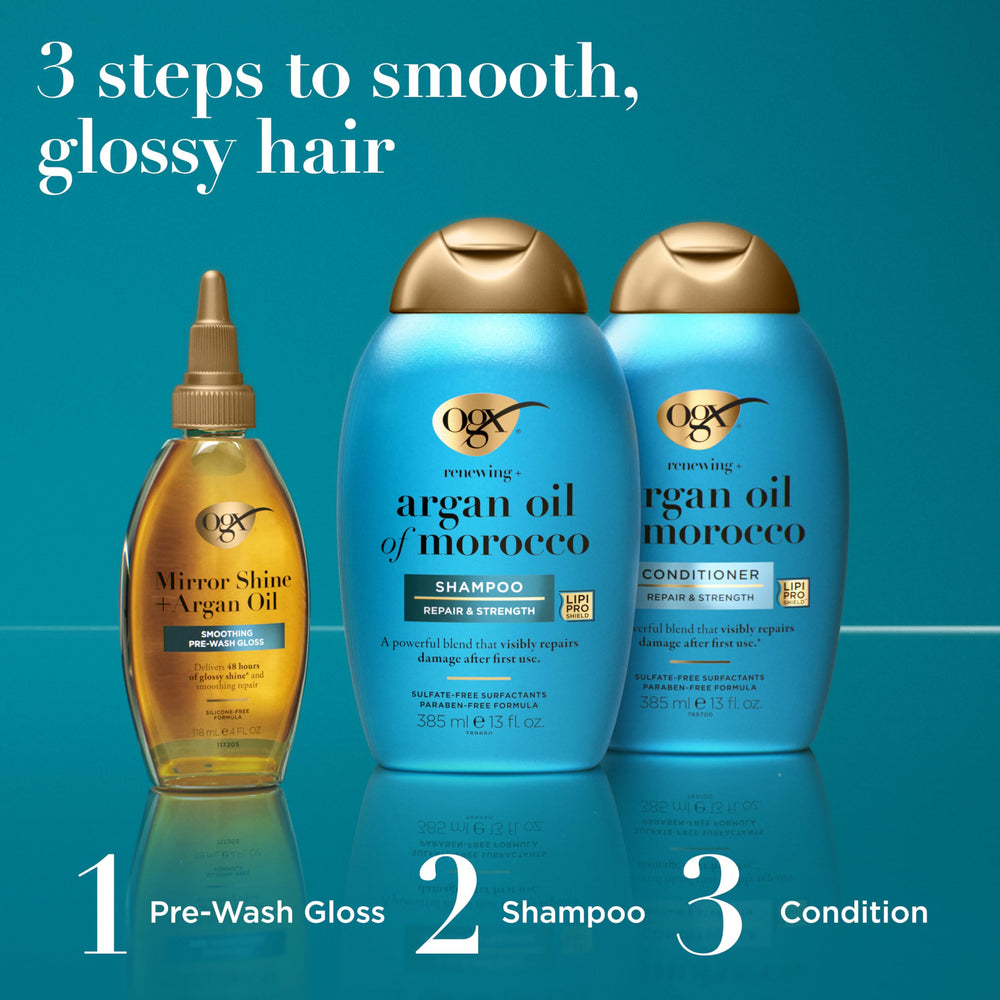OGX product label close-up showing argan oil ingredient benefit