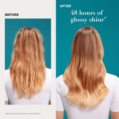 OGX rinsing hair in shower illustrating clean, non-greasy finish benefit
