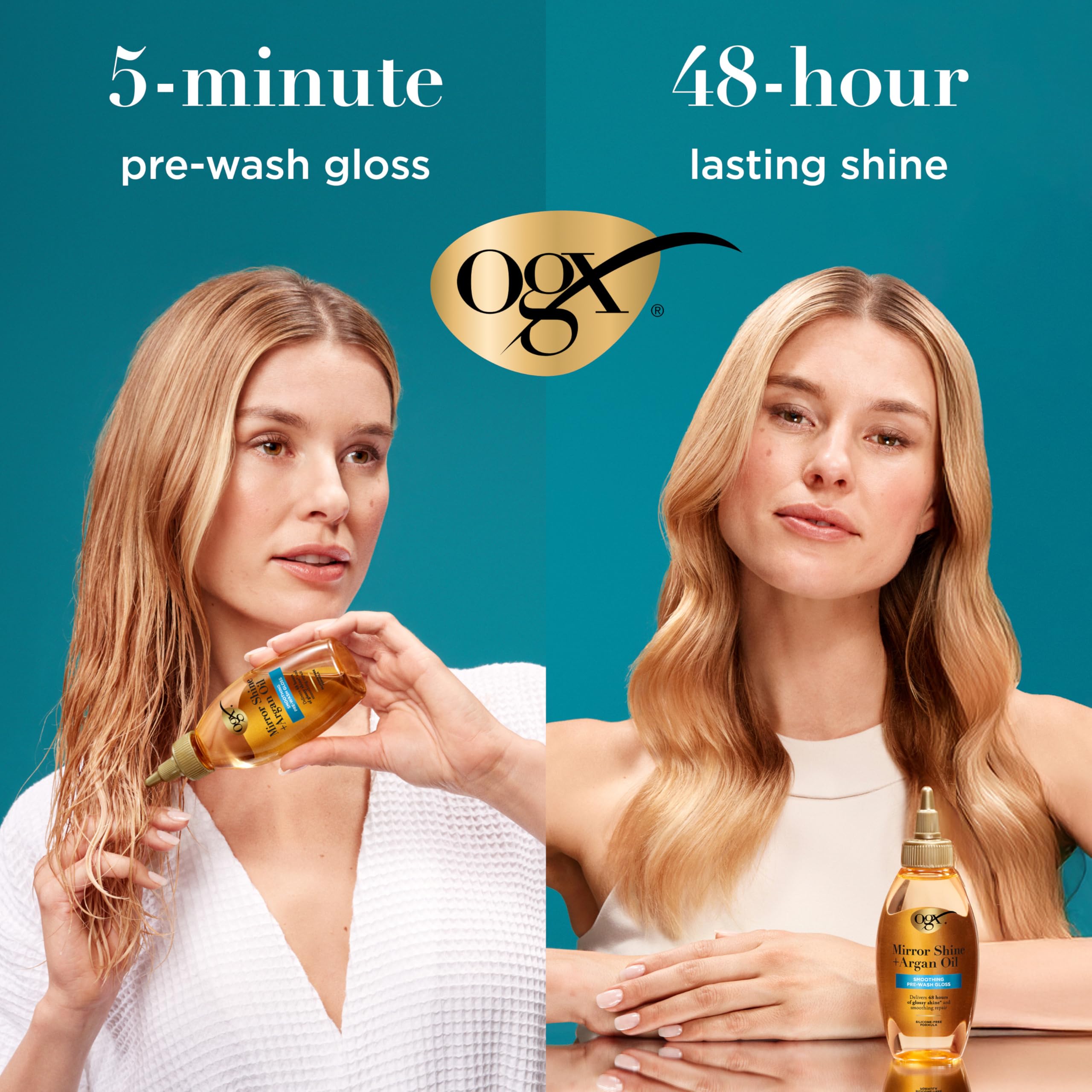 OGX split end comparison showing mended ends and repair benefit