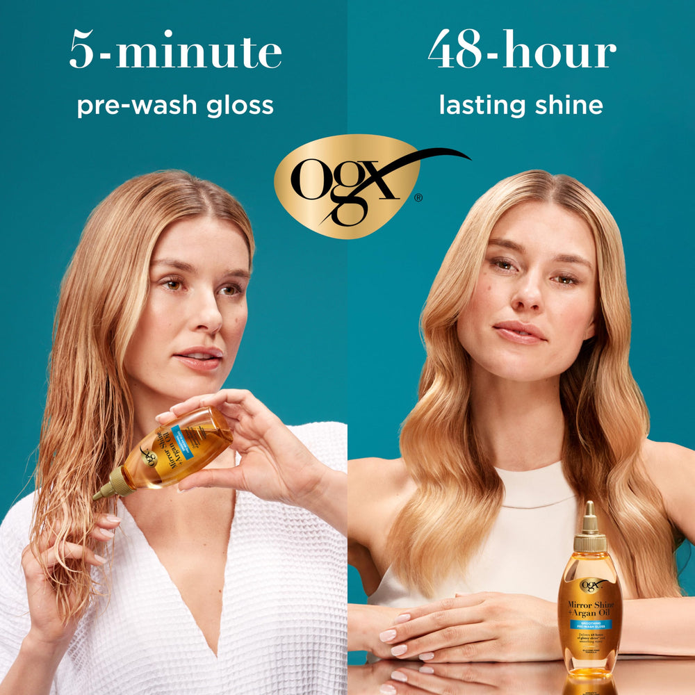 OGX split end comparison showing mended ends and repair benefit