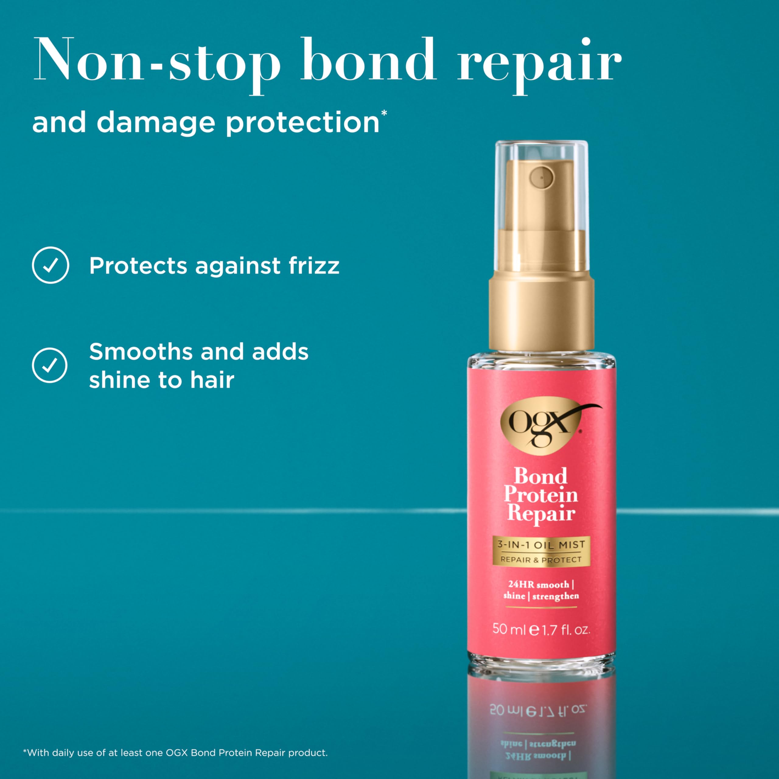 OGX mist spray action closeup showing fine even coverage to protect hair