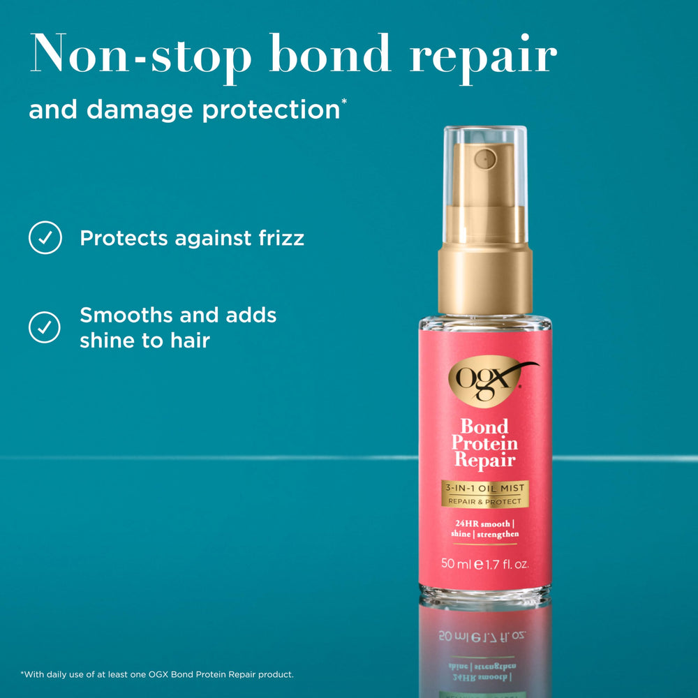 OGX mist spray action closeup showing fine even coverage to protect hair
